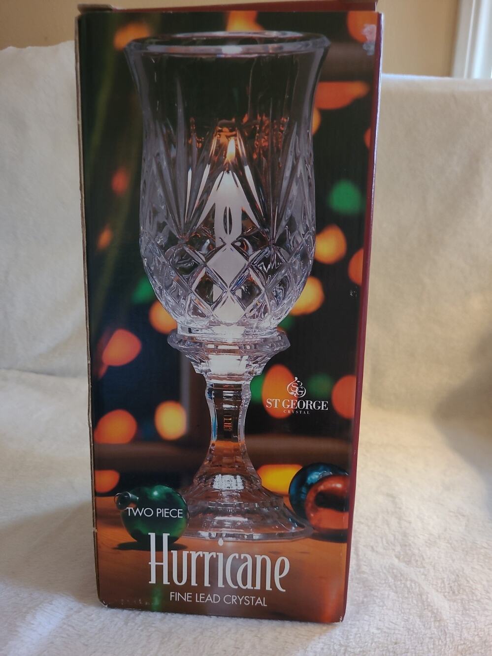 ST GEORGE 2pc. Hurricane Lamp/Candle holder 12”Tall 24%Fine Lead Crystal USA NEW